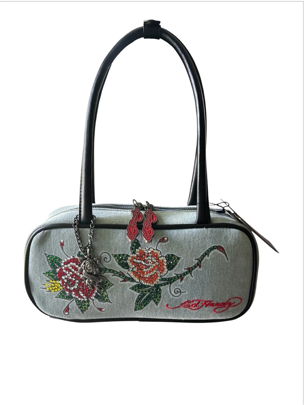 Ed Hardy Denim Shoulder Bag Floral Rhinestones |Y2K Vintage Statement Purse NWT